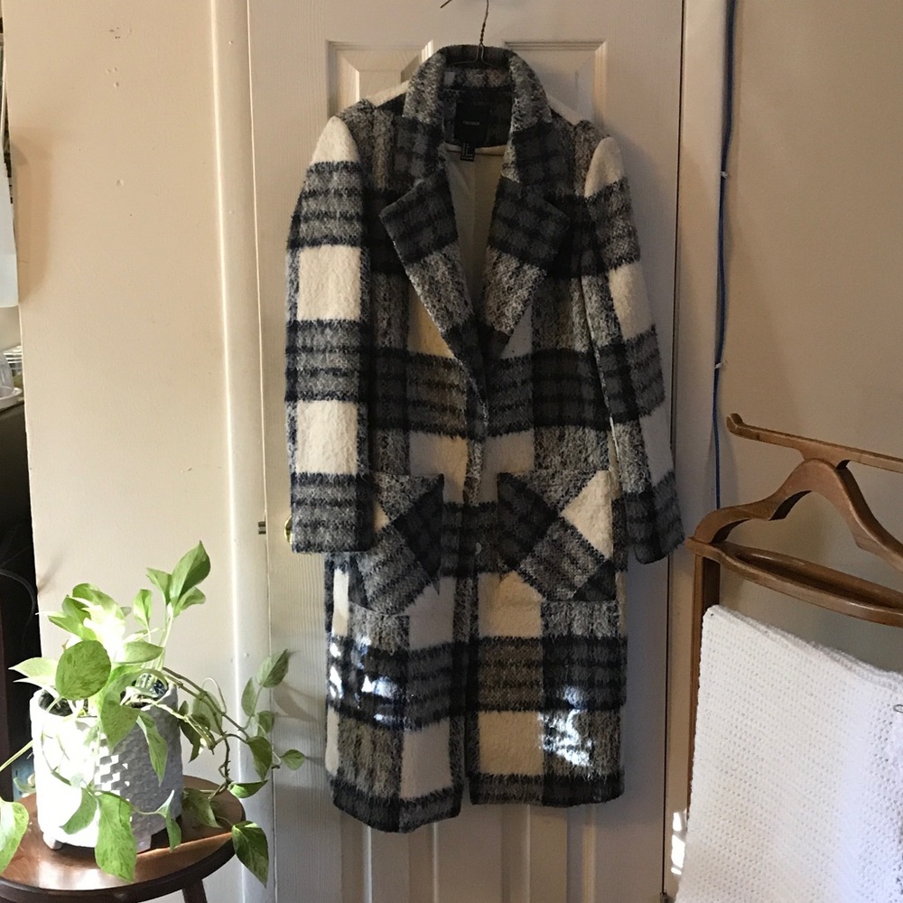 Forever 21 Black and White Plaid Teddy Jacket
